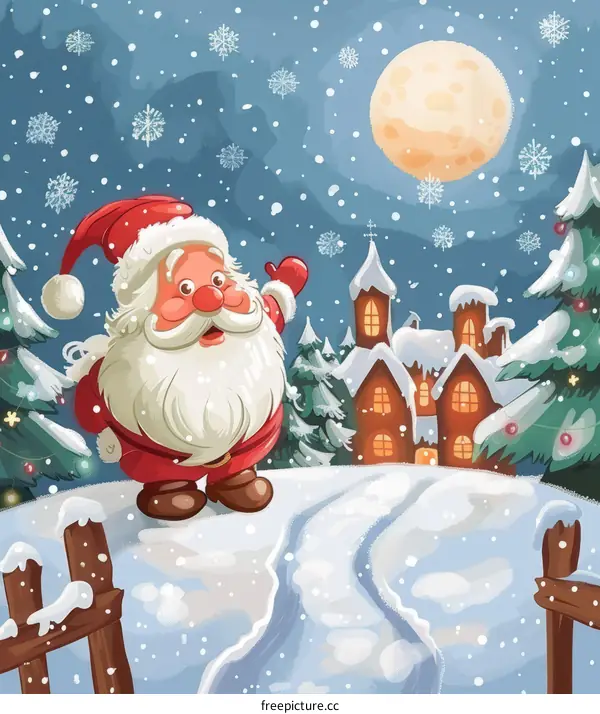 Santa Claus Flying Over a Snowy Village