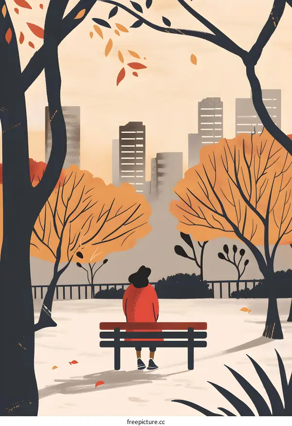 Woman Sitting on a Bench in Park with Cityscape View