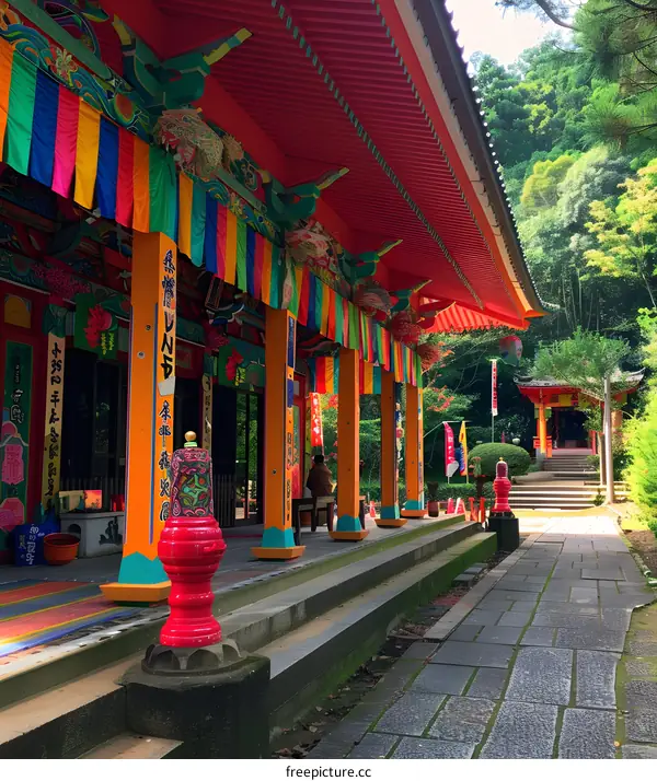 Colorful Japanese Temple with Red Roof and Stone Pathway