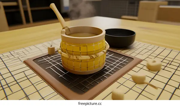 Wooden Barrel With Tea And Steaming Liquid On Wooden Table
