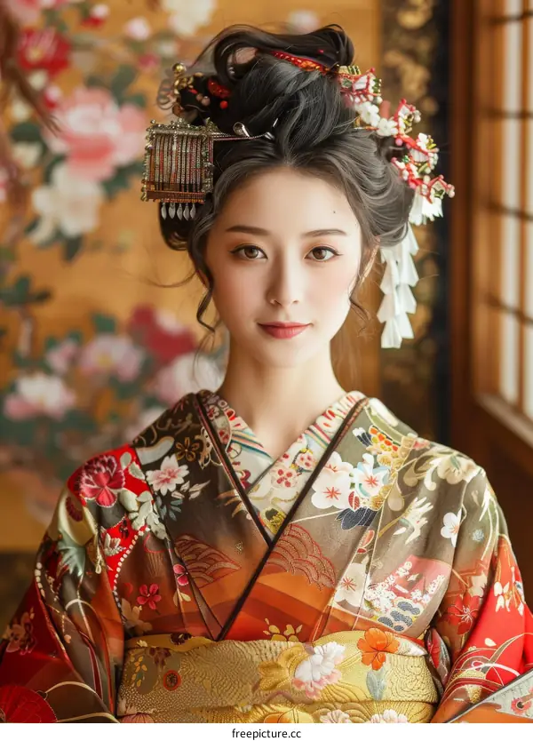 Portrait of a beautiful Japanese woman in traditional kimono