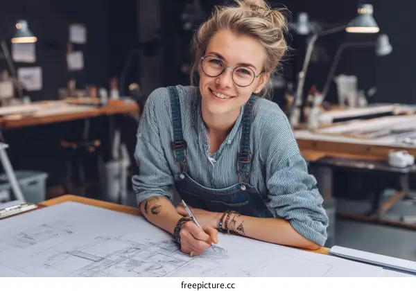 Smiling Female Artist Working on Drawings in a Studio