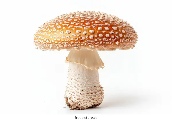 A large red and white mushroom with a white background