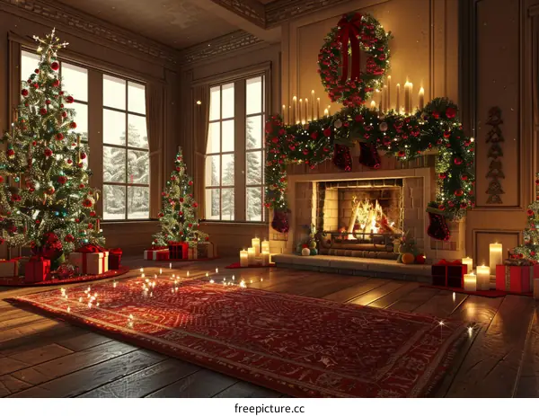 Cozy Christmas living room with fireplace and decorated Christmas tree