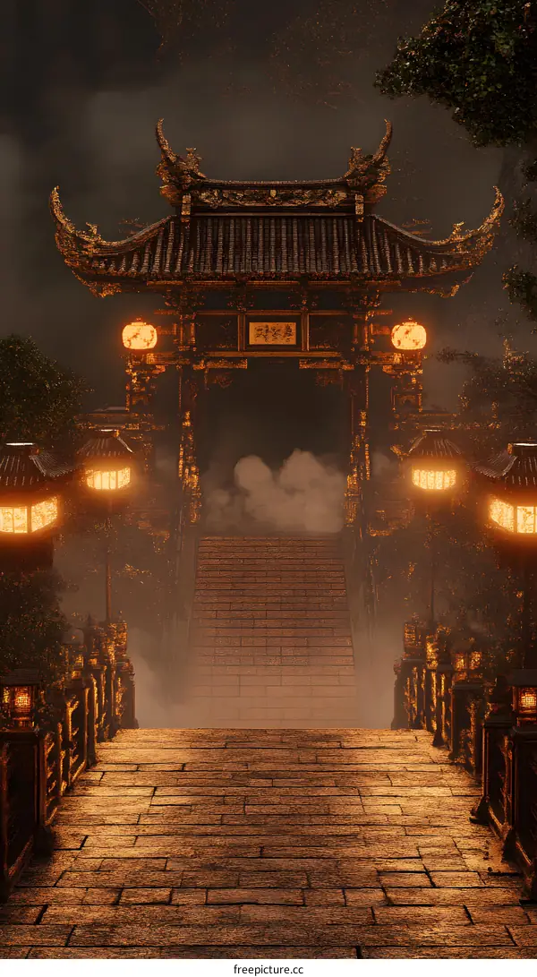 Ancient Chinese Architecture With Fog and Lights