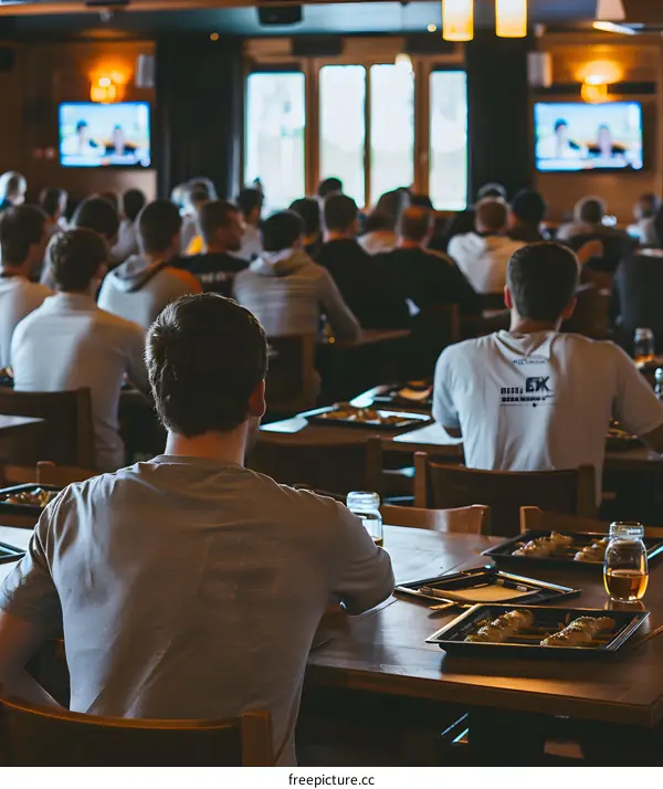 Group of People Watching a Sporting Event on Television in a Restaurant