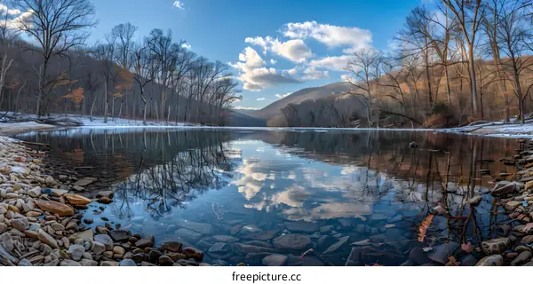 rocks and trees reflected in a calm lake