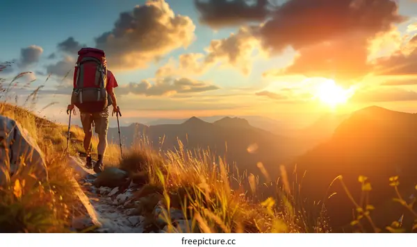 Hiker Enjoys Golden Sunset over Mountain Range