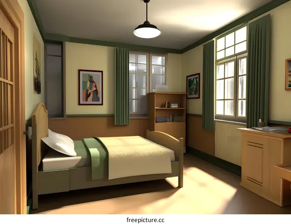 Green Curtains and Wooden Bed in a Room