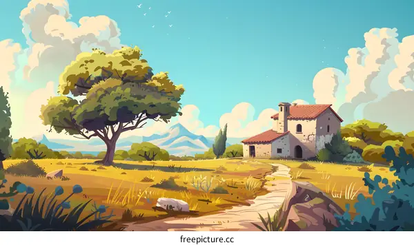 Cartoon Illustration of a Stone House in a Green Meadow