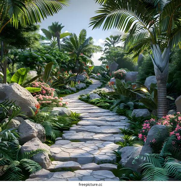 A stone path winds through a lush tropical rainforest