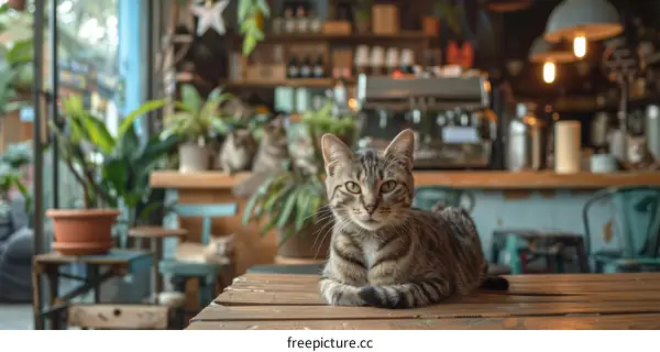 A cute cat is sitting on a wooden table in a cafe.