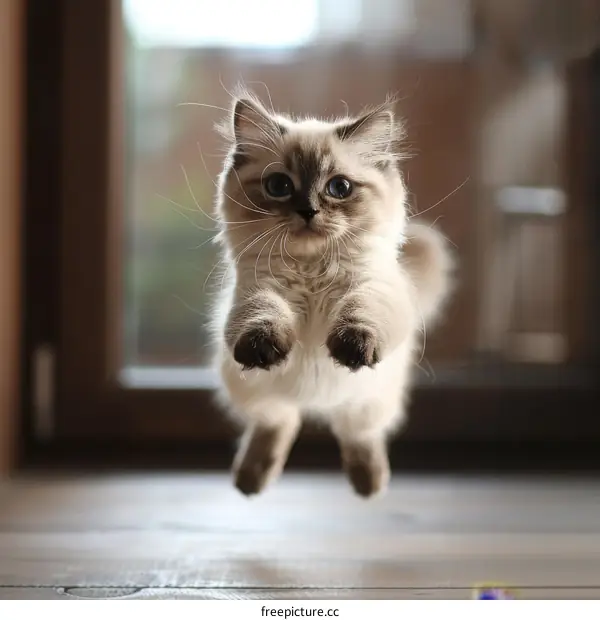 A cute kitten is jumping in mid-air