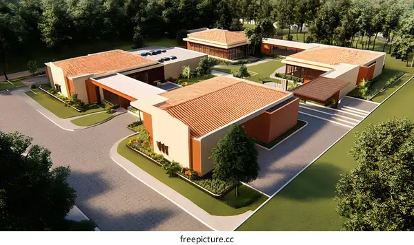 Aerial View of Modern House with Lush Greenery