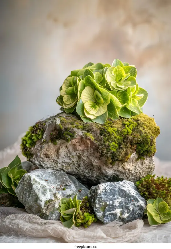 Green Hydrangea on Moss Covered Rocks