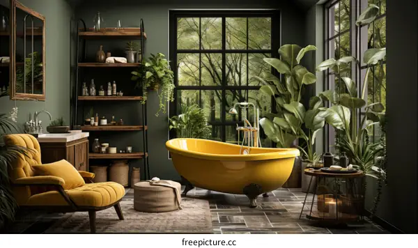 Bathroom With Large Windows and Plants