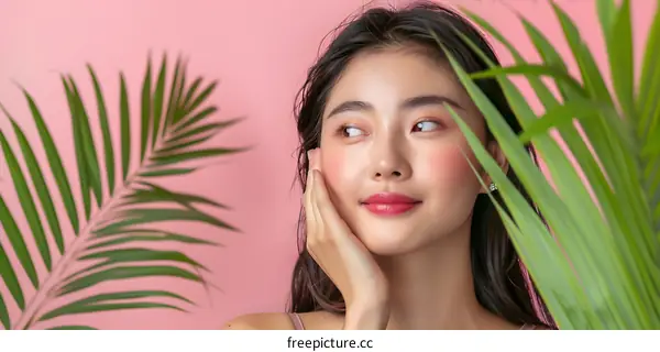 Beautiful Asian Woman with Palm Leaves