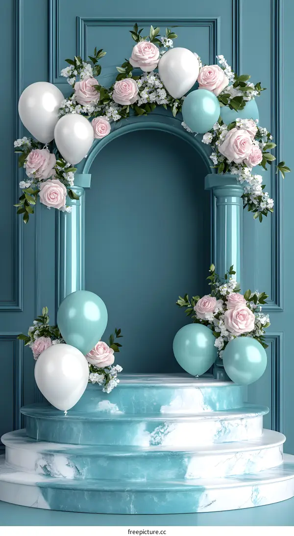 Elegant Blue and White Floral Arch with Balloons