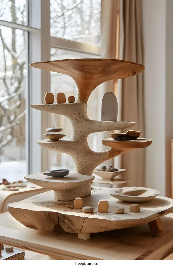 A wooden sculpture in the shape of a tree with round shelves displaying various objects