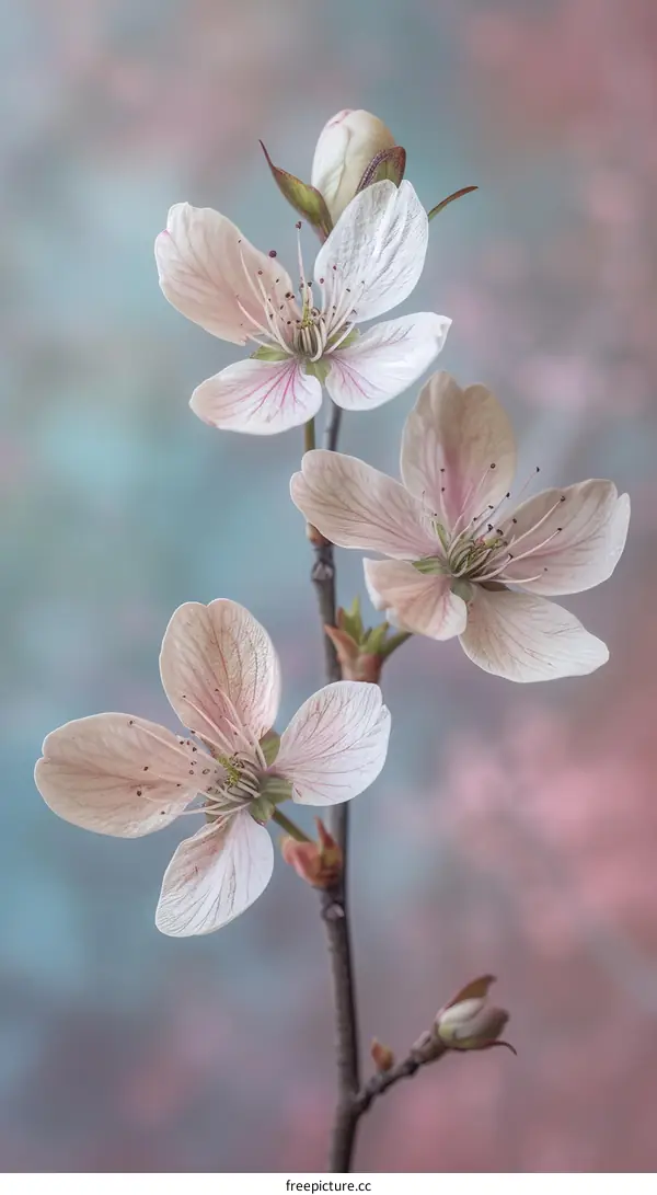 Three delicate white cherry blossoms with a blurred background in shades of pink and blue