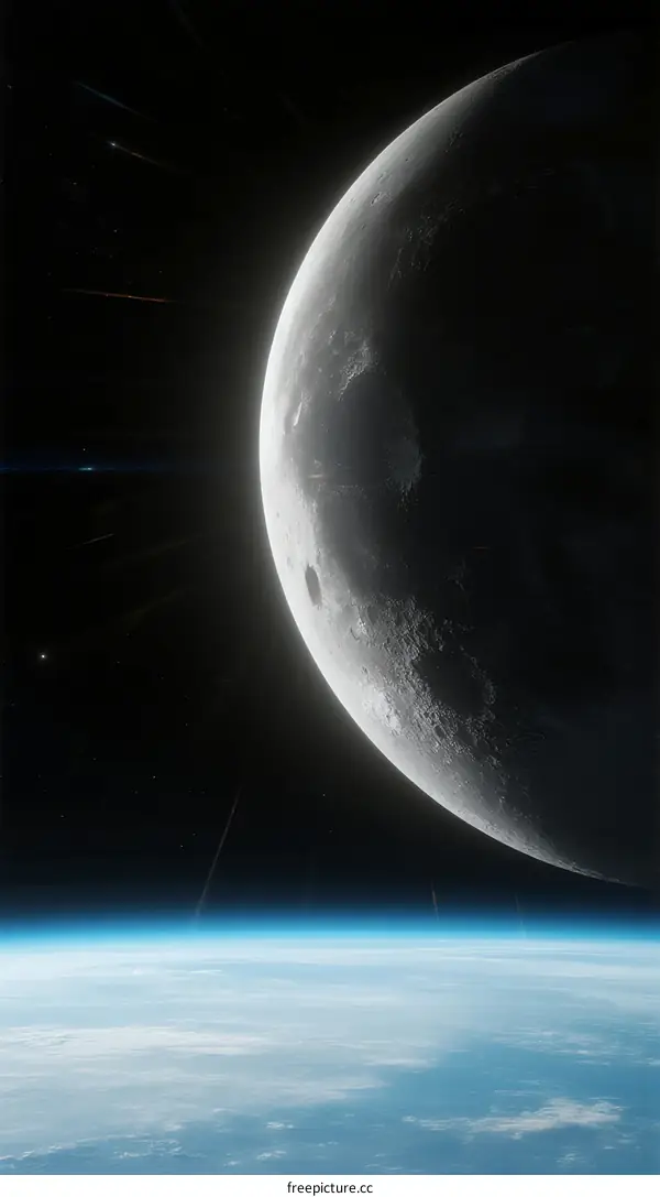 Crescent Moon and Earth's Horizon in Space View