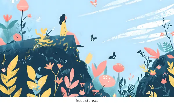 Woman Sitting on a Cliff Looking at Butterflies