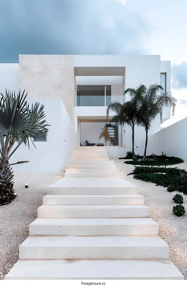 Modern White Villa with Stone Steps and Palm Trees