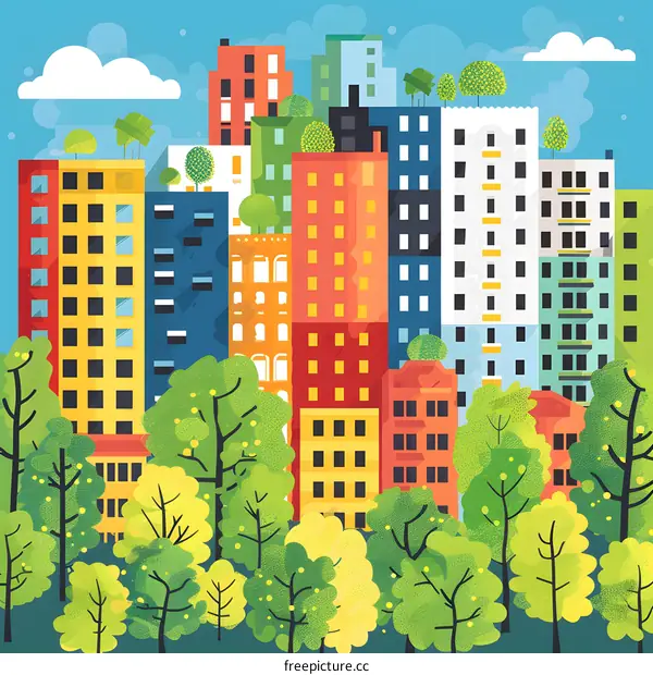 Colorful Cityscape with Green Trees