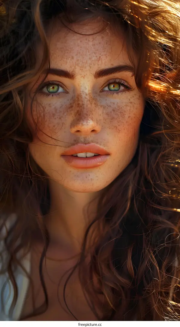 Close-up portrait of a beautiful young woman with freckles and green eyes