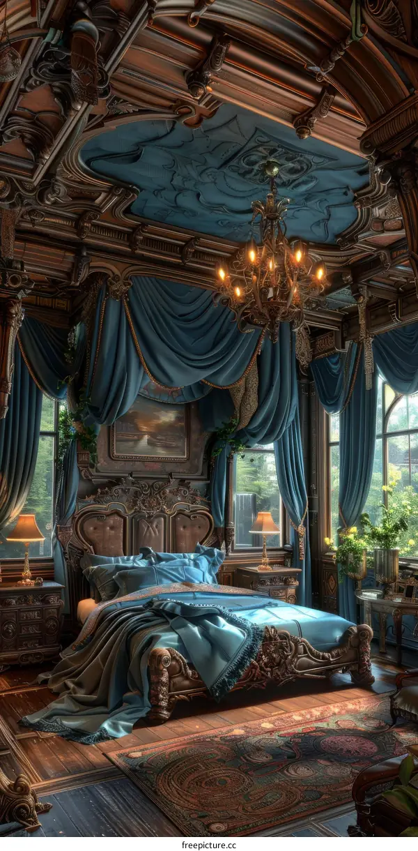 Luxury Bedroom Interior Design with Carved Woodwork and Blue Drapes