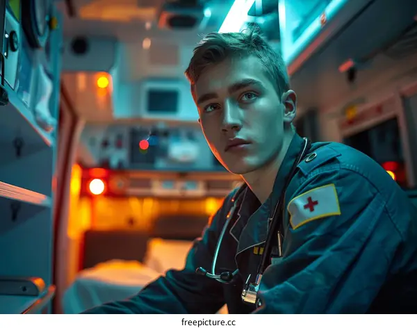 Portrait of a young male paramedic in an ambulance