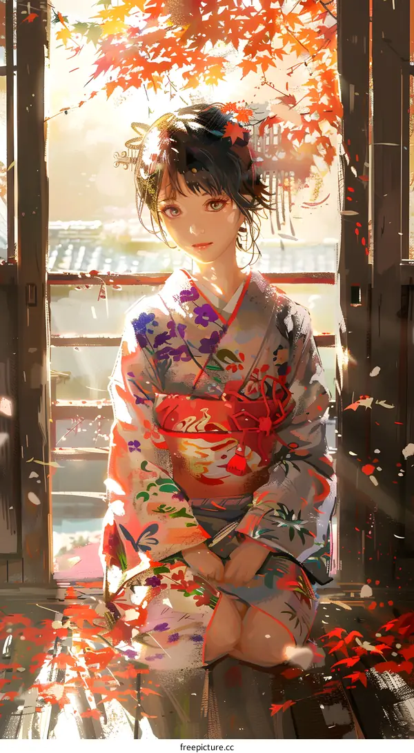 A Japanese girl in a kimono is sitting on the balcony, enjoying the autumn scenery