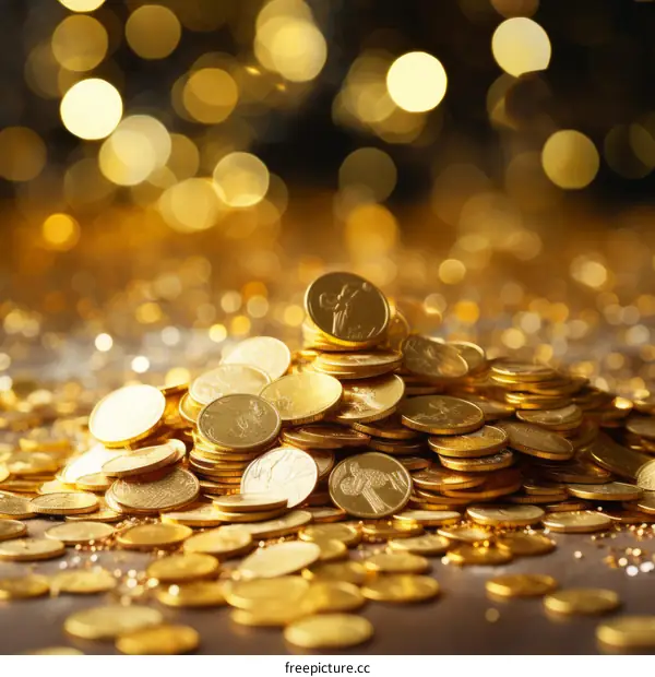 Pile of gold coins with a blurred background