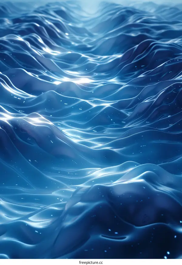 Deep blue ocean water surface with caustics and light beams shining through