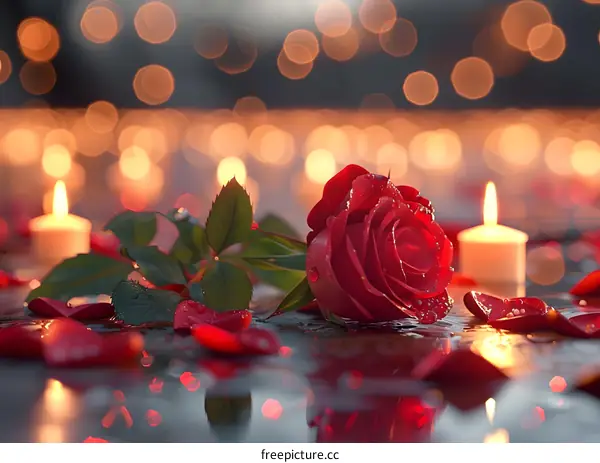 A single red rose with water drops on its petals, surrounded by red rose petals and candles.