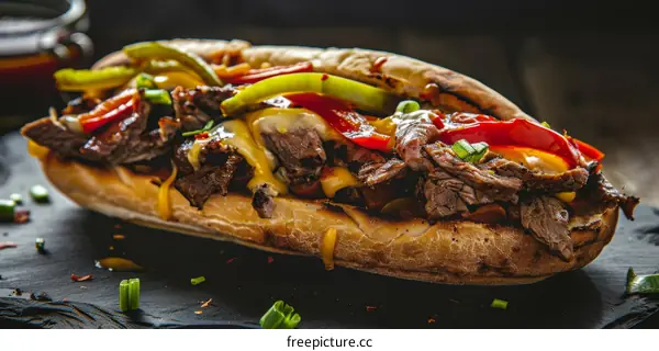 Grilled Steak Sandwich with Melted Cheese and Vegetables