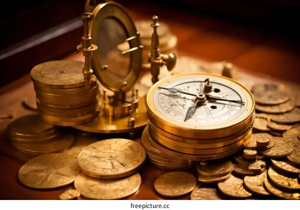 A collection of antique gold coins and a compass
