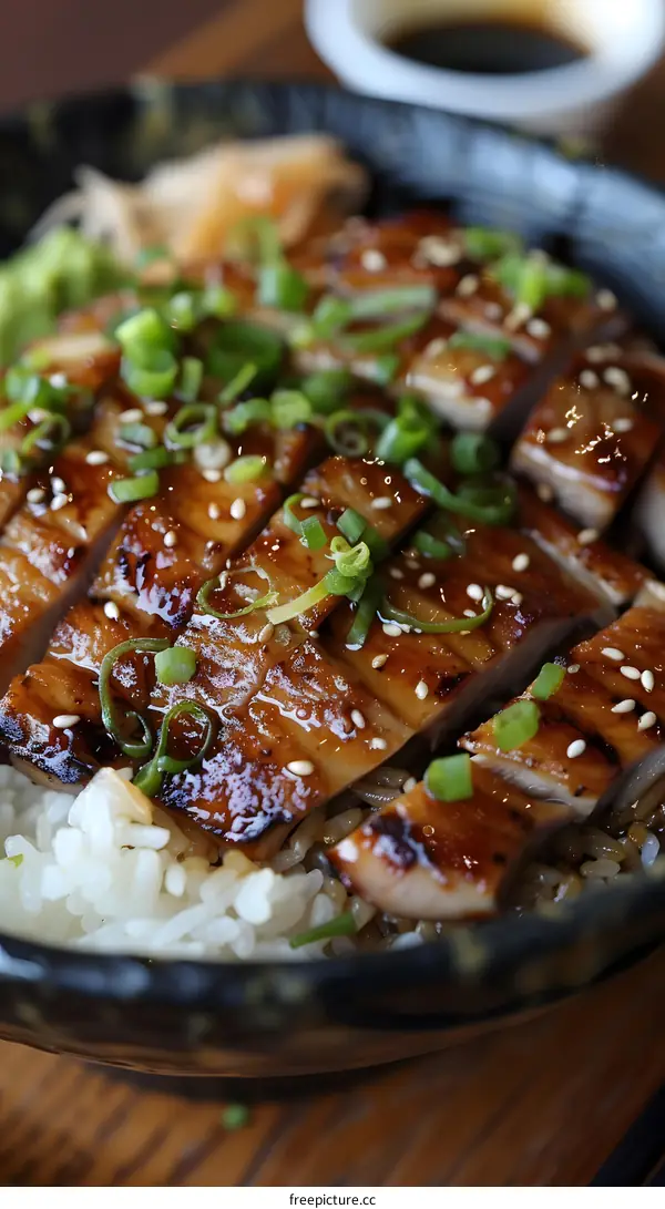 Closeup of Delicious Japanese Teriyaki Chicken with Sesame Seeds and Green Onions