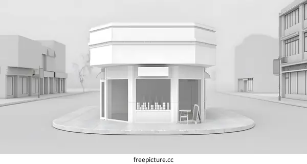 3D Illustration of a Blank Storefront Building Mockup in a Simple Street Scene
