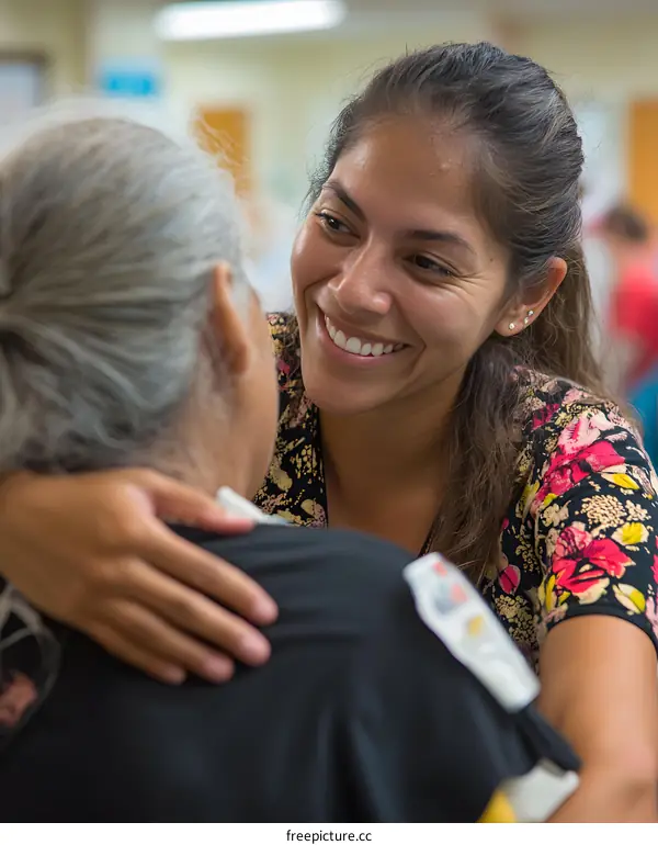 Woman Supporting Elderly Person with a Smile