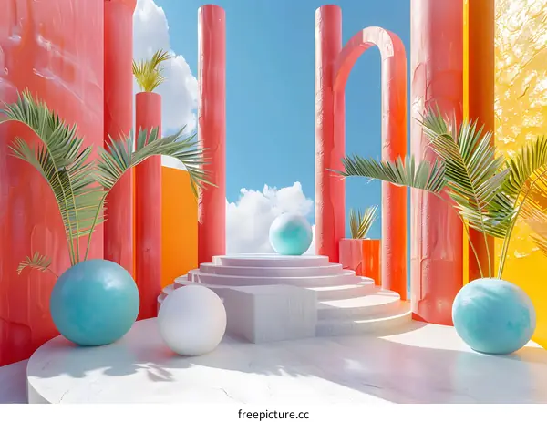 3D rendering of a surreal colorful architectural space with podium and blue spheres