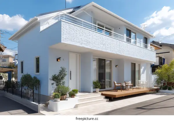 Light Blue House with a Wooden Deck