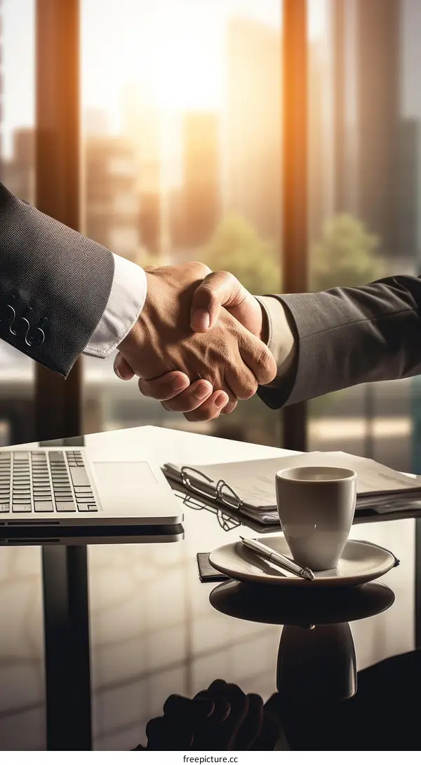 Business handshake agreement with cityscape background