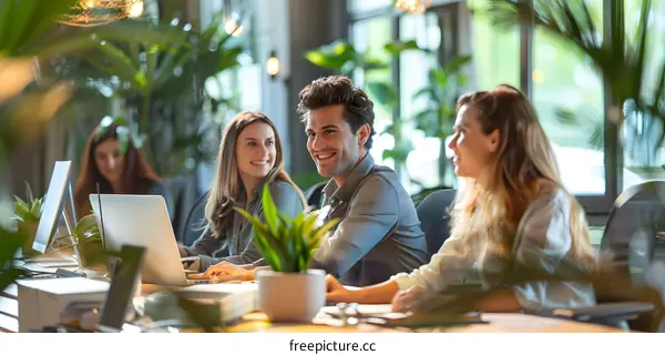 A group of young professionals working together in a modern office
