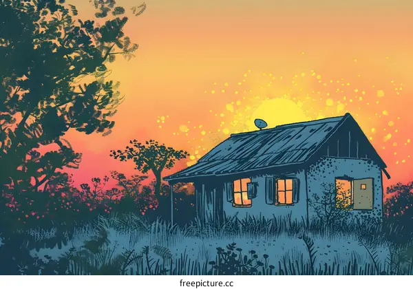 Silhouette of a House with Sunset Background