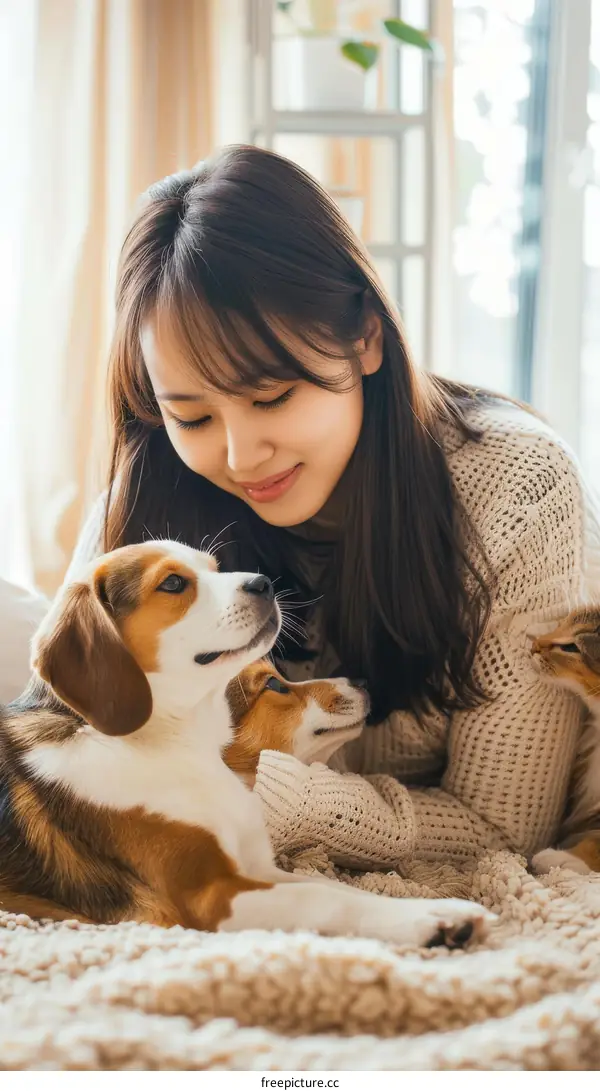 Woman and Dogs Relaxing at Home