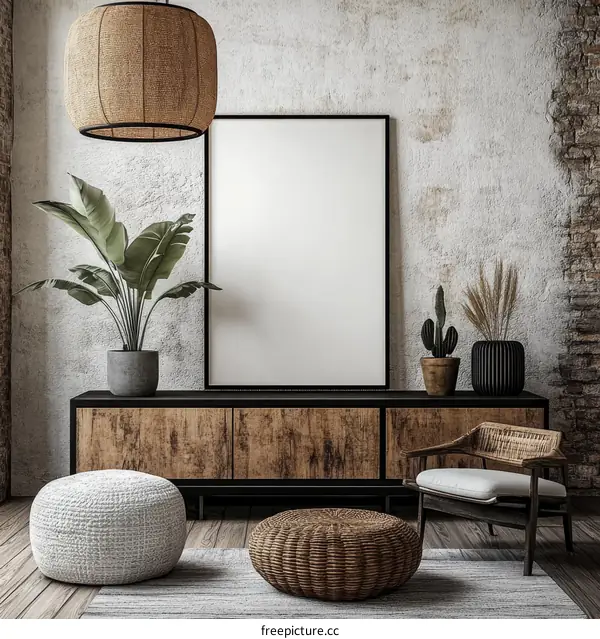Modern Boho Living Room Mockup with Empty Frame