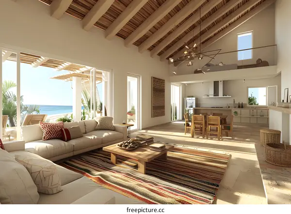 A modern coastal living room with vaulted ceilings and ocean views