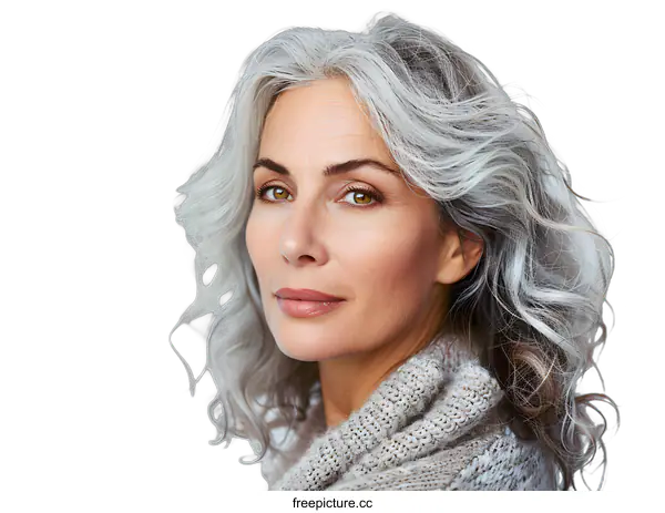 [Transparent Background PNG]portrait of a beautiful mature woman with gray hair