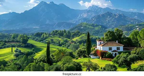 A beautiful landscape of a house in the mountains with green fields and trees